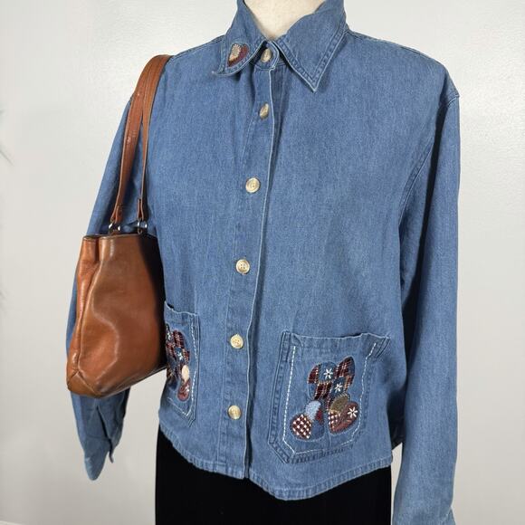 Christopher & Banks Jackets & Blazers - Vintage Christopher & Banks Denim Shirt Jacket L Patchwork Hearts Embroidered